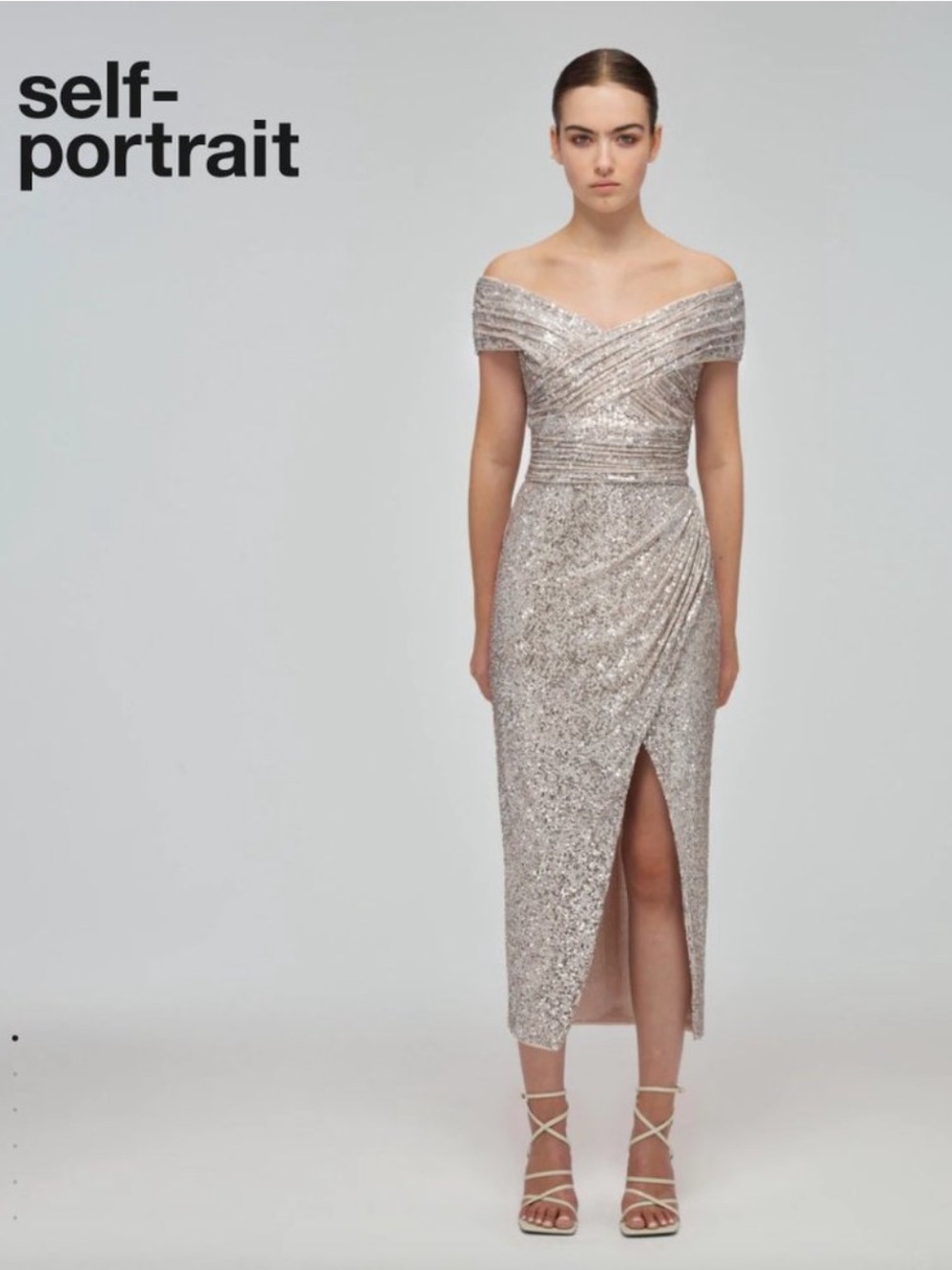 Self-Portrait Silver Sequin Off Shoulder Wrap Midi Dress size 0 cocktail